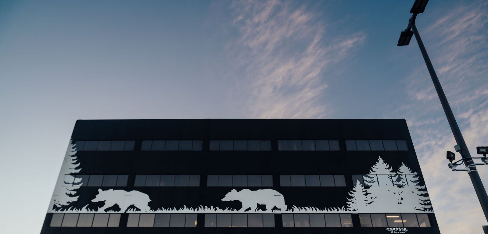 Bear Valley Center facade and bear mural against a dusk sky