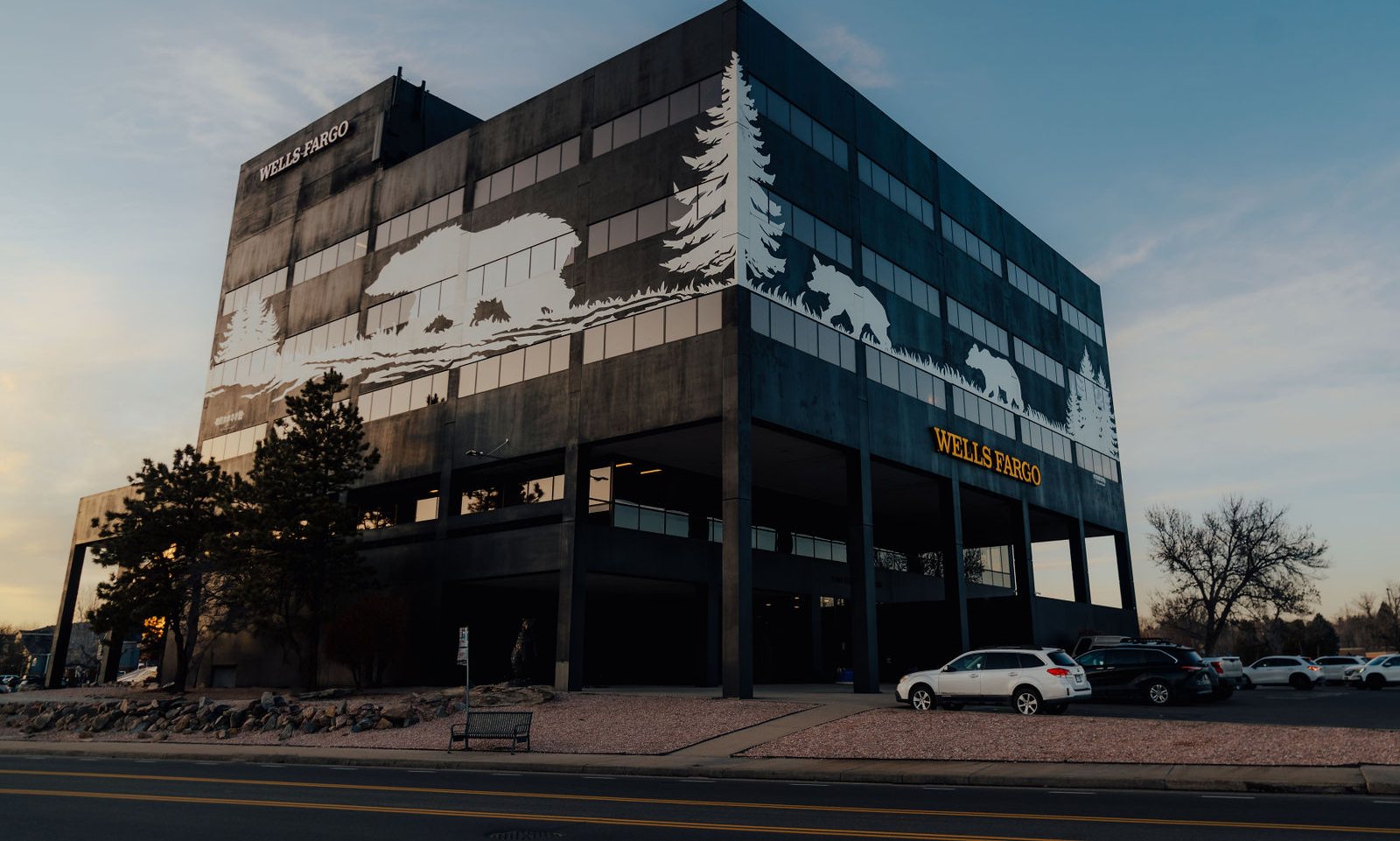 Bear Valley Center exterior and surface parking at dusk